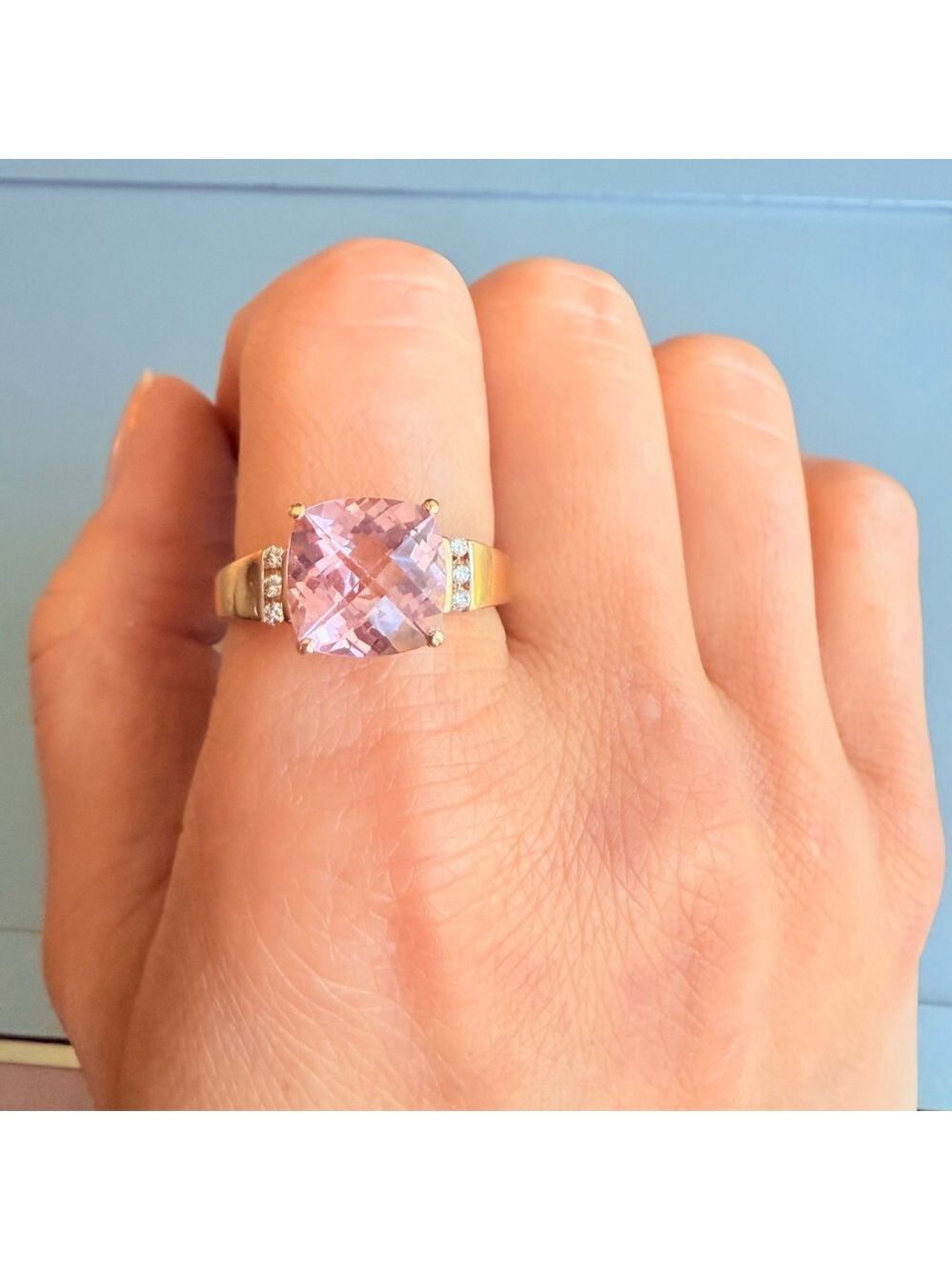 Estate 14K Solid Yellow Gold 4.6 CT Natural Pink Topaz Diamond Chatelaine Ring - Picture 8 of 12